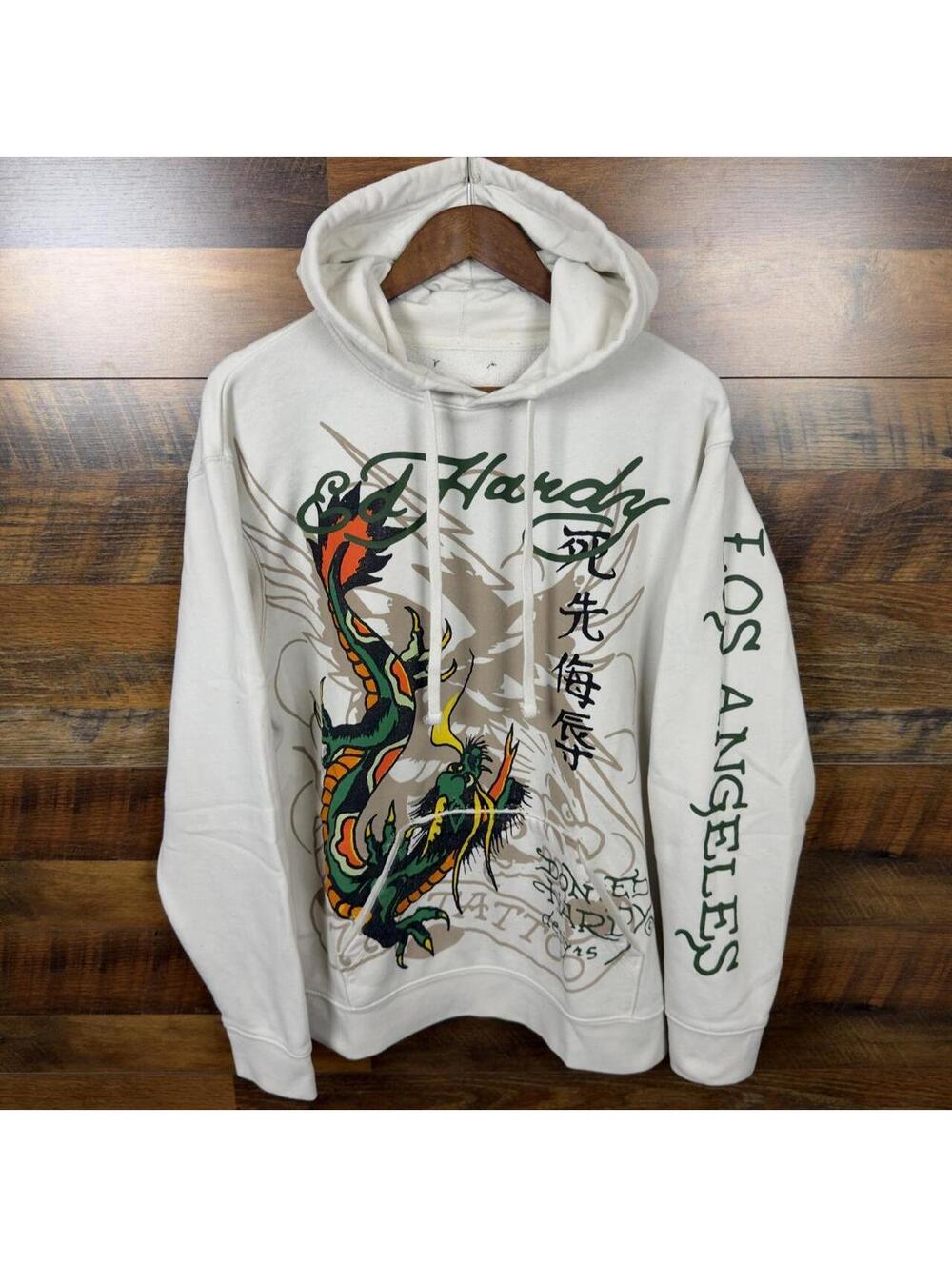 Y2K Ed Hardy Pullover Hoodie Ivory Green Dragon Graphic Los Angeles Size Large